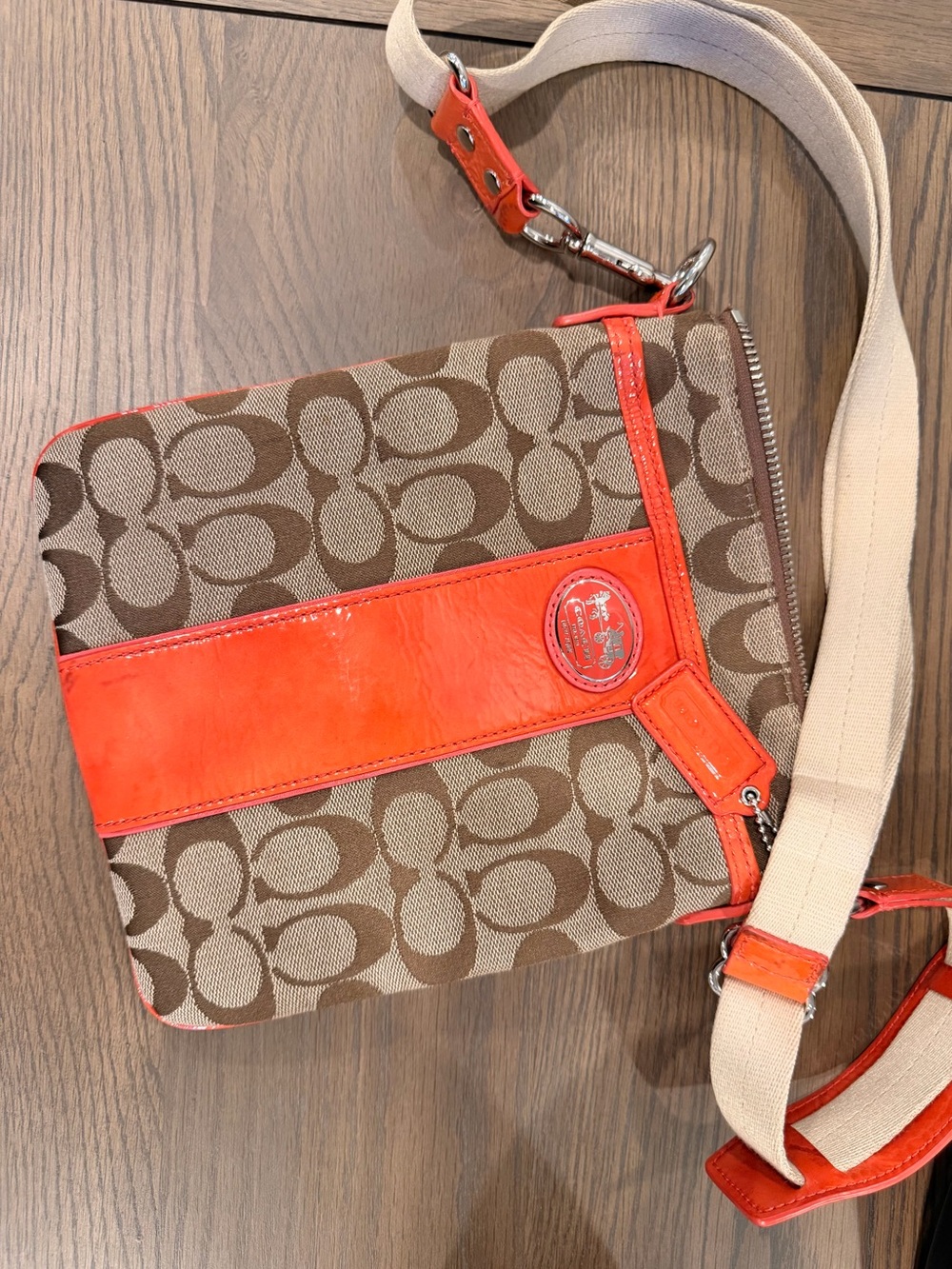 Coach Signature Crossbody with Brown Canvas and Orange Trim - Picture 3 of 9